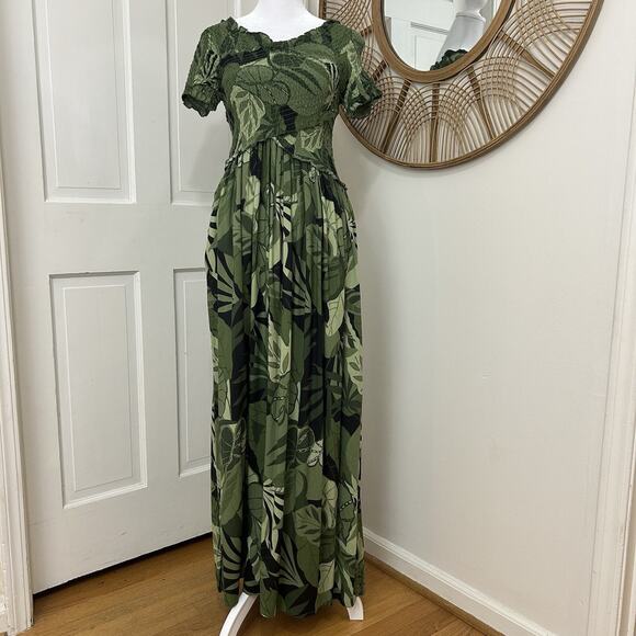 Jessica Simpson Dresses & Skirts - Jessica Simpson Tropical Green Print Smocked Top Boho Maxi Dress Sz M NEW